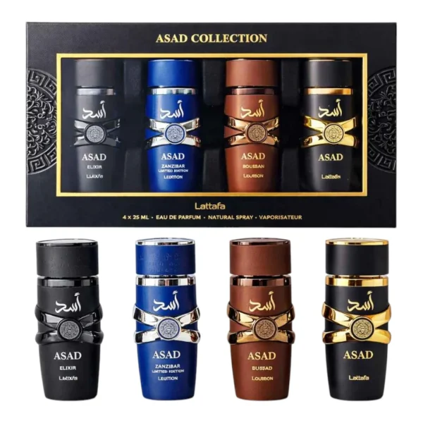 Lattafa Set Asad 25ml + Zanzibar 25ml + Elixir 25ml + Bourbon 25ml